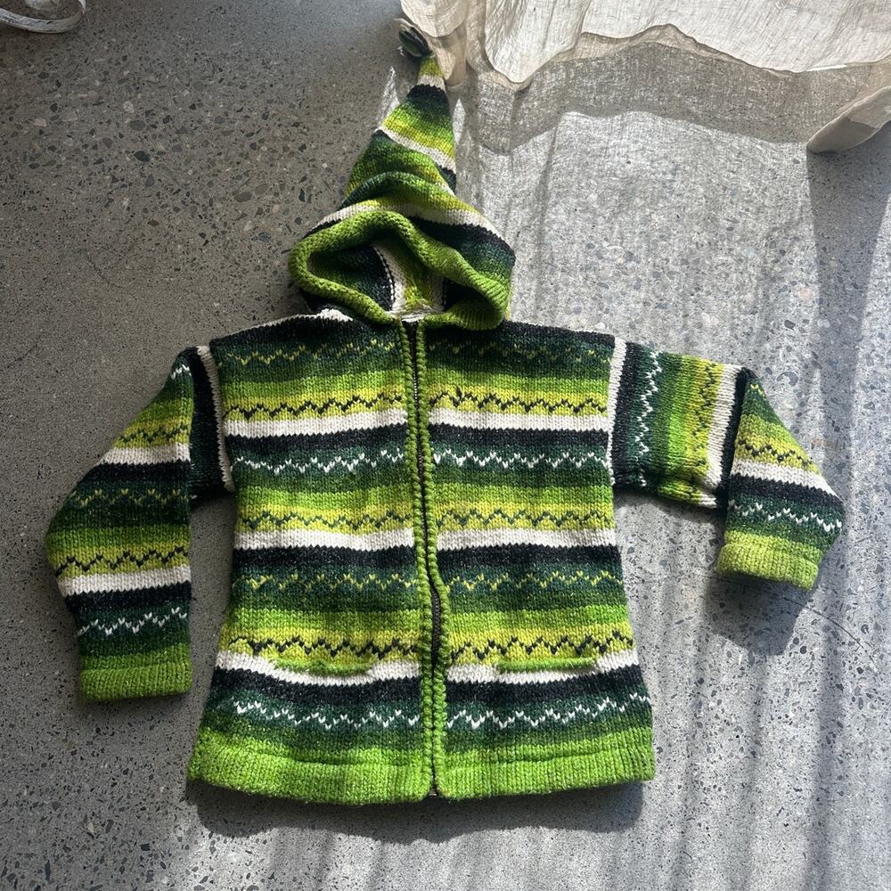 Kids Vintage Green Striped Wool Blend Knit Zip Hoodie Sweater
